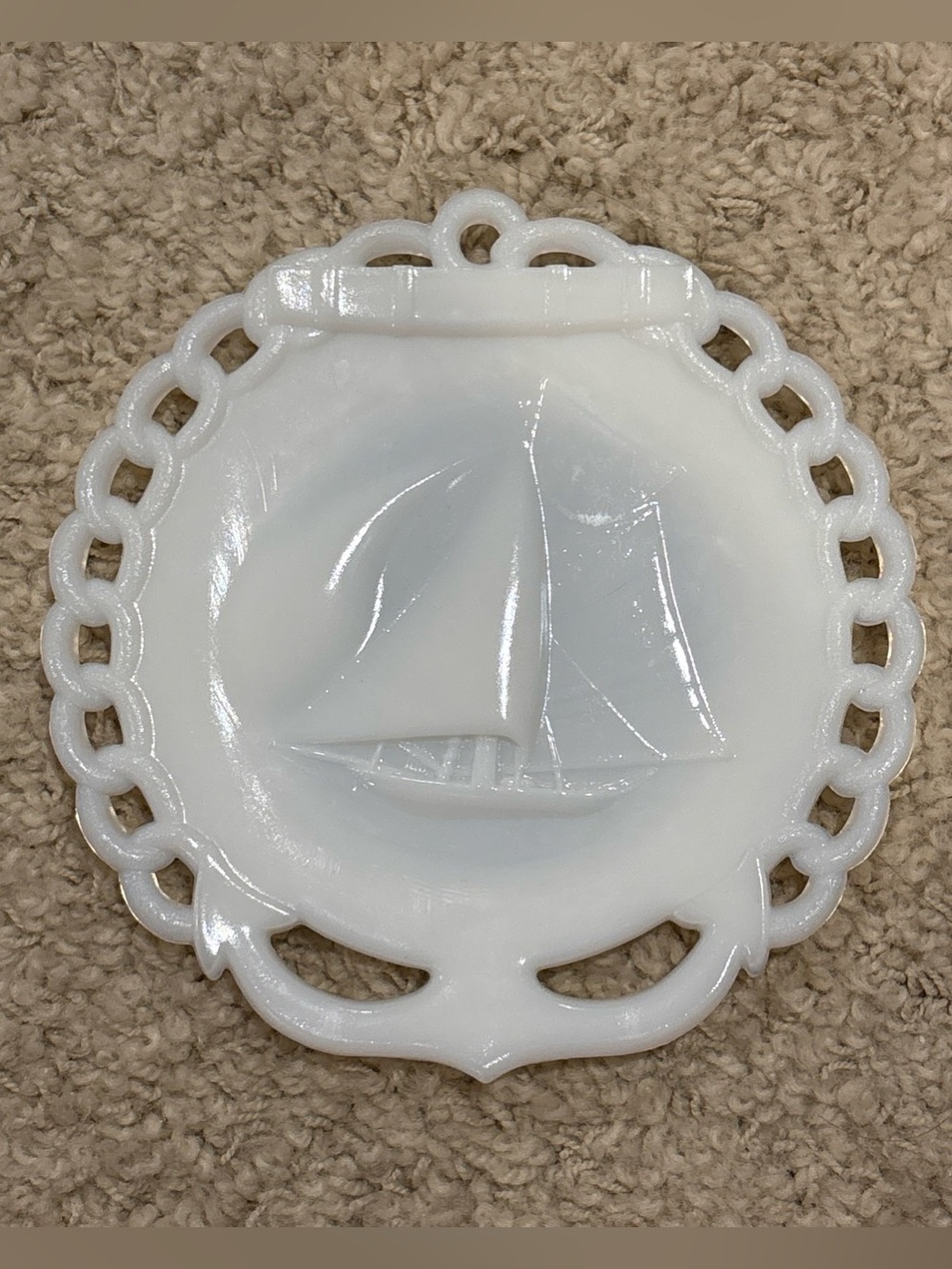Vintage Westmoreland Milk Glass Sailboat Plate 7.25” Nautical Ship Decorative